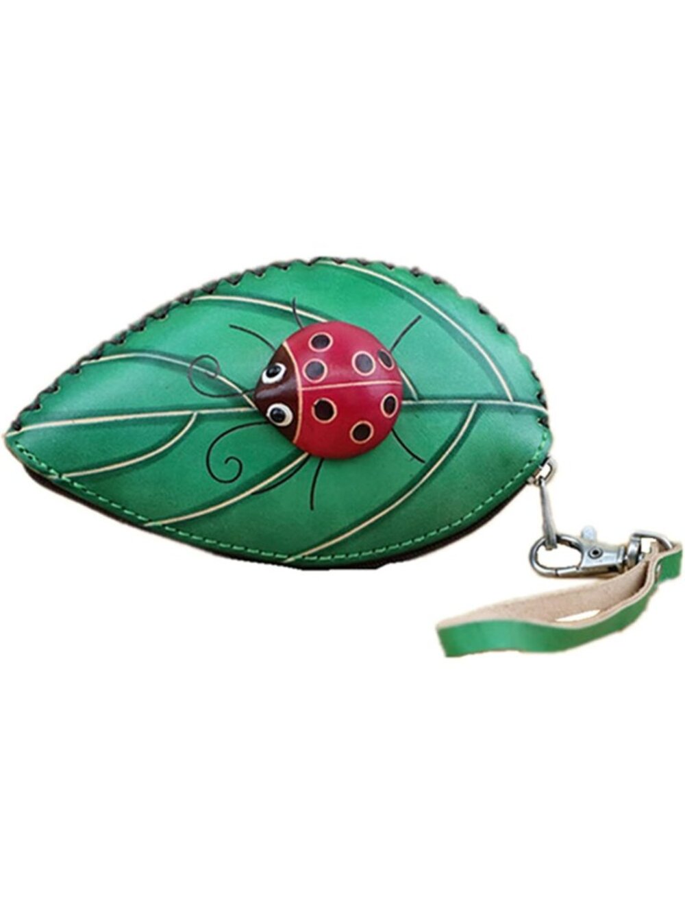 Handmade Green Leather Coin Purse & Clutch Bag with Leaf & Ladybug Design